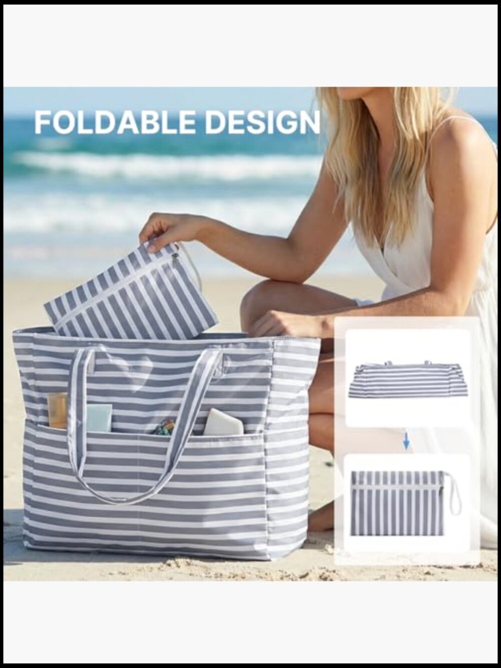 Extra Large Foldable Beach Tote with Zipper, Waterproof Sandproof for Travel - Picture 6 of 7